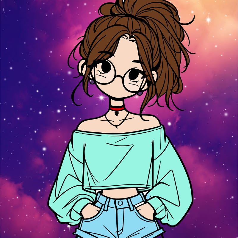 girl with a messy ponytail glasses a baggy crop top and jean shorts