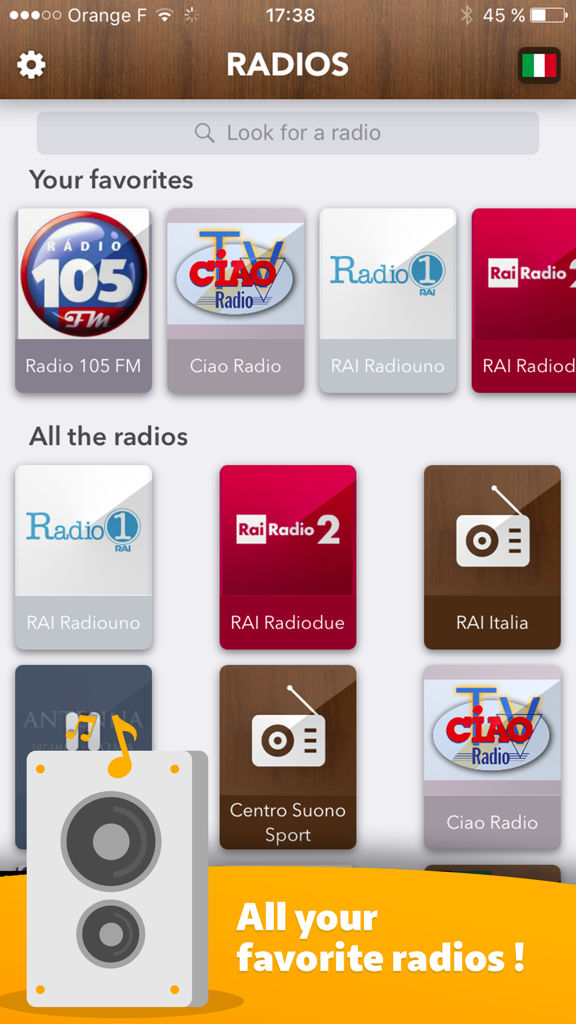 Mobile App-Oberfläche, die eine Liste italienischer Radiosender wie RAI und Radio 105 anzeigt