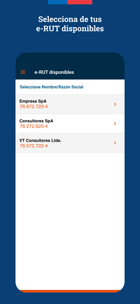 Mobile screen showing a list of available digital Chilean tax IDs for different businesses in the e-RUT app.
