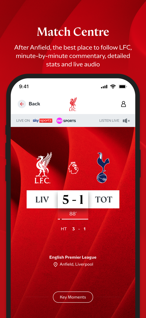 The Official Liverpool FC App - The Official Liverpool FC App Match Centre screen showing live scores and stats for a Premier League game.