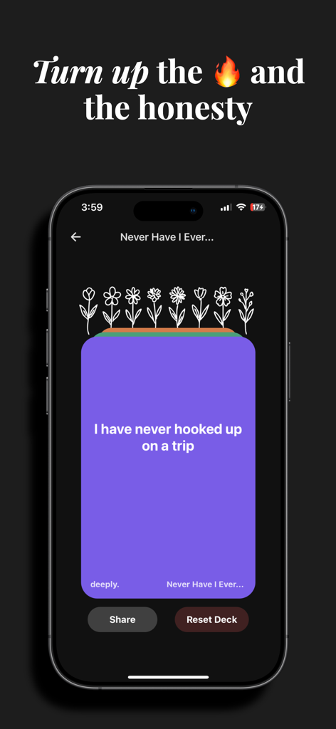 deep conversations: deeply - Interfaz de la aplicación deeply mostrando una tarjeta de pregunta de 'Yo nunca he...' para parejas.