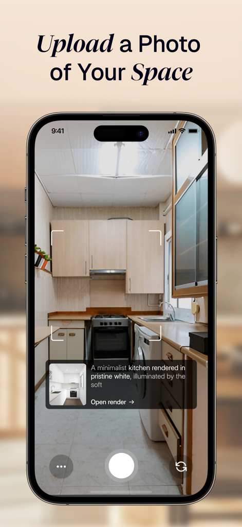 Archi AI mobile app interface showing a kitchen photo being captured for an AI-powered interior design makeover