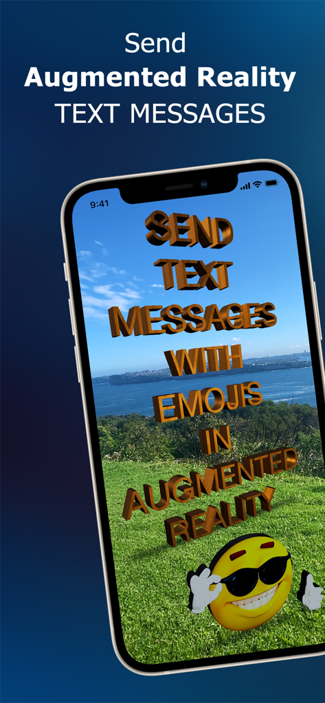 Textar - An iPhone screen showing 3D text and emojis in an augmented reality outdoor setting