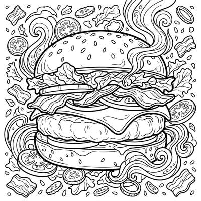 Dive into a delicious coloring experience with this detailed bacon cheeseburger template. Featuring layers of juicy patty, melted cheese, and crispy bacon, it's a feast for your artistic senses.