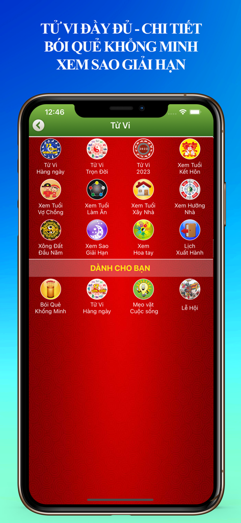 Screenshot of the horoscope and divination menu in the Vietnamese Lunar Calendar 2026 app