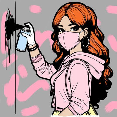 realistic girl with mask spray painting a wall