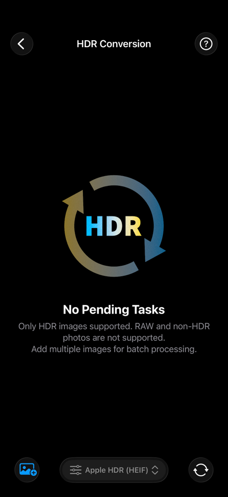 HDR変換メニュー。バッチ処理とApple HDRやISO Gain MapなどのさまざまなプロフェッショナルHDRフォーマットの選択オプションが表示されています。