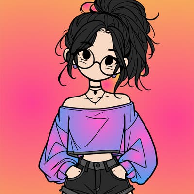 girl with a messy ponytail glasses a baggy crop top and jean shorts