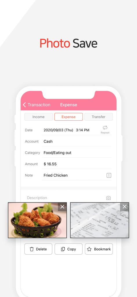 Transaction screen in Money Manager showing attached photos of food and a receipt for an expense entry