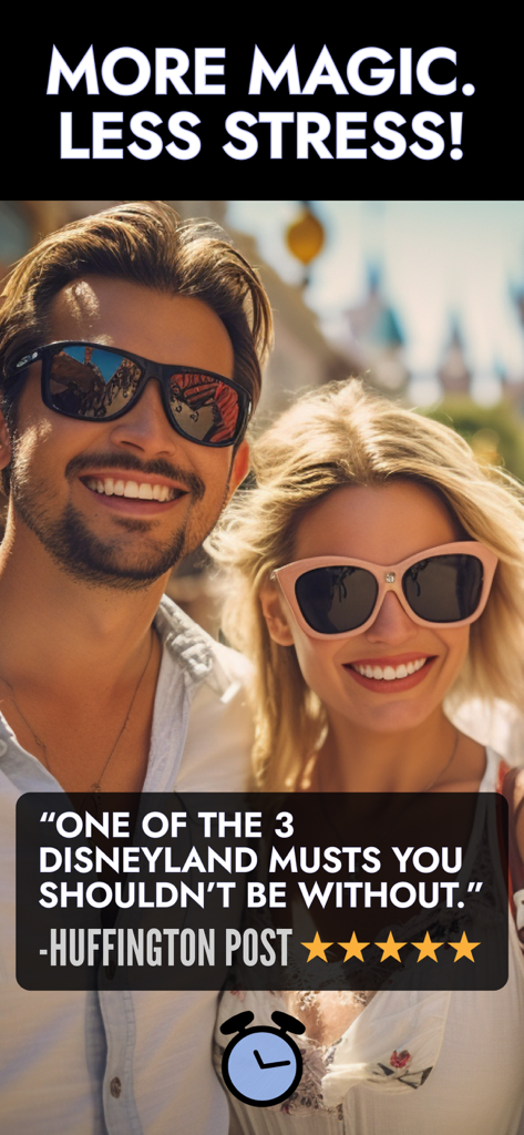 MouseWait for Disneyland - A happy couple at Disneyland with a quote from Huffington Post calling MouseWait a must-have app.