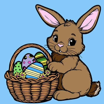 easter bunny with a basket with eggs realistic