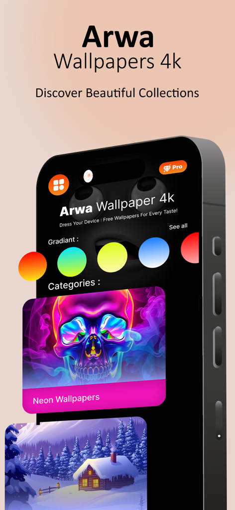 Arwa Wallpaper - Arwa Wallpaper 4k app interface on a smartphone showing neon skull category and color gradients