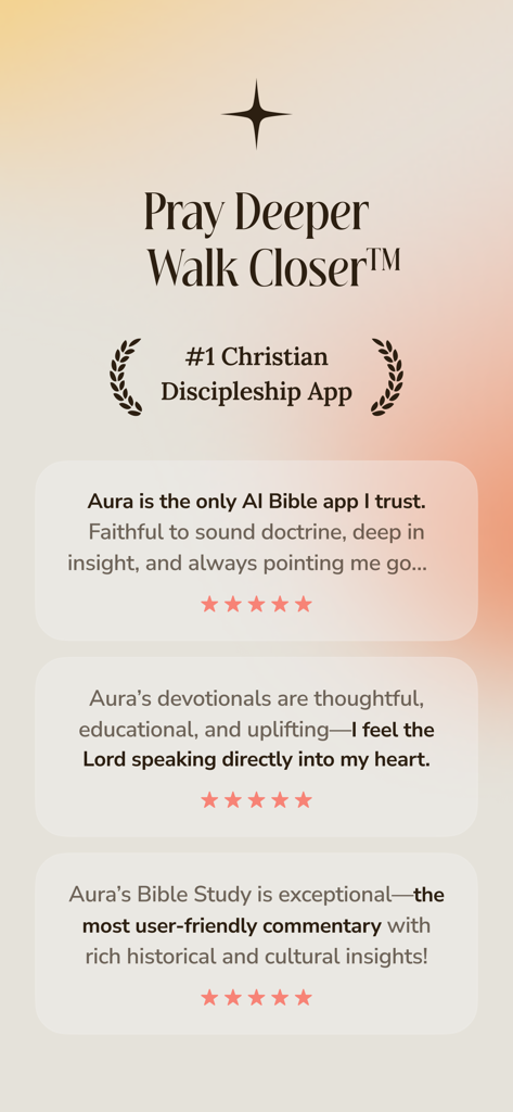 Aura app promotional screen showing positive user testimonials and Christian discipleship ranking