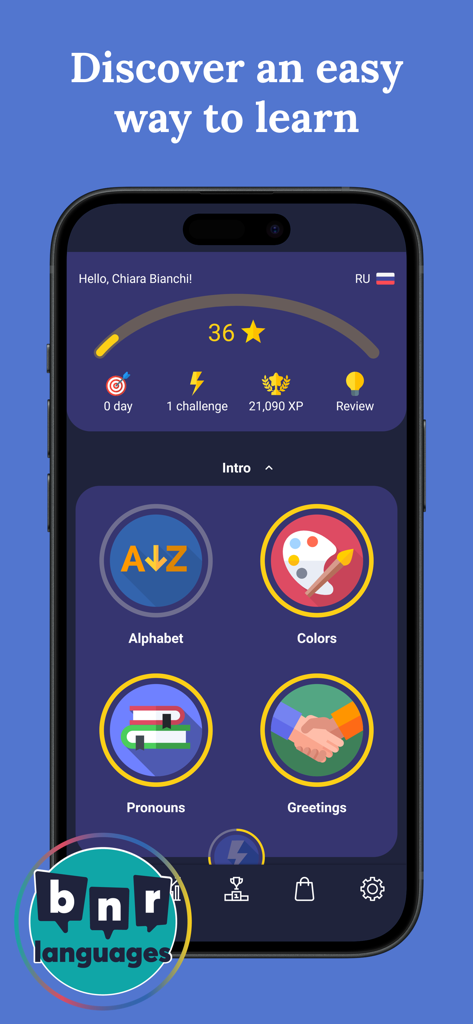 Learn Russian app dashboard showing lesson categories like alphabet and greetings