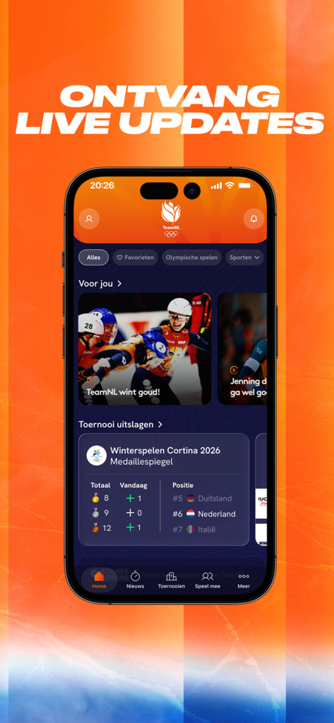 TeamNL - TeamNL app home screen showing live Dutch sports updates and the 2026 Winter Games medal table
