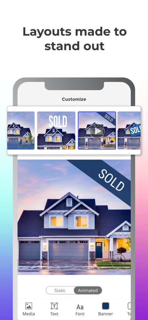 Ripl app interface showing customizable real estate social media templates with a SOLD banner