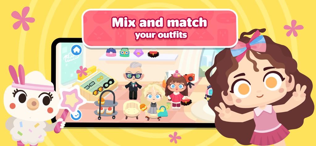 Dr. Panda Town Tales: New Life - Cartoon characters in a boutique with a banner saying Mix and match your outfits