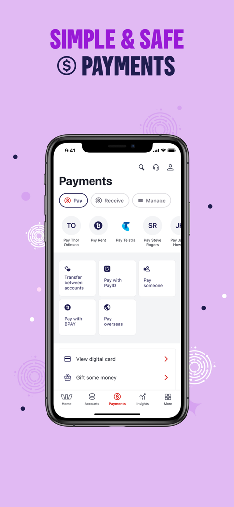 Westpac - Westpac mobile app payments screen showing options for PayID, BPAY, and international transfers.