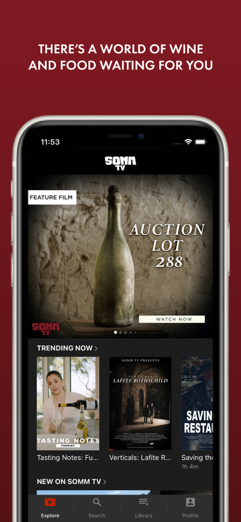 The explore screen of the SOMM TV app featuring wine and food documentaries.