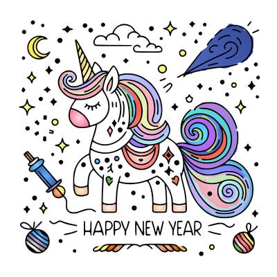 happy new year illustration calligraphic style outline; thin lines; light colors