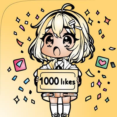 a chibi girl with a shocked expression with a sign that says "1000 likes" with confetti around her