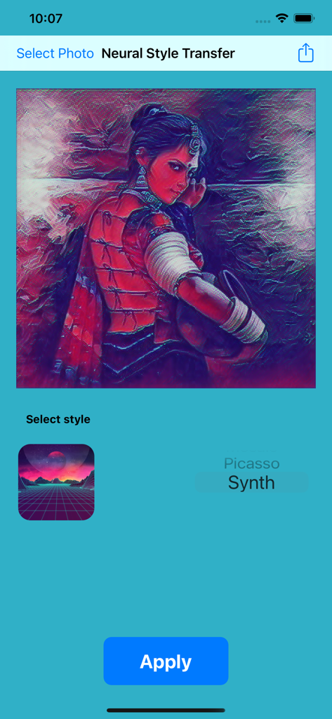 Neural Style Transfer - Neural Style Transfer app interface with Synth style applied to a portrait