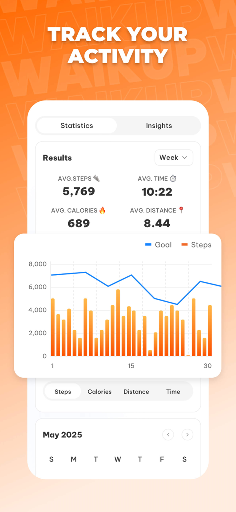 Panel de la app WalkUp que muestra los pasos promedio, calorías quemadas y un gráfico de progreso que compara los pasos con los objetivos diarios.