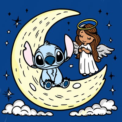 stitch and angel on moon