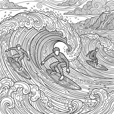 Experience the thrill of the ocean with this intricate adult coloring page featuring powerful big wave surfers. Dive into a detailed scene that promises hours of creative relaxation.