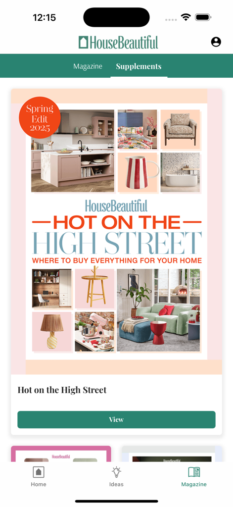 House Beautiful UK app screen showing the Hot on the High Street digital supplement with interior design and home decor ideas.