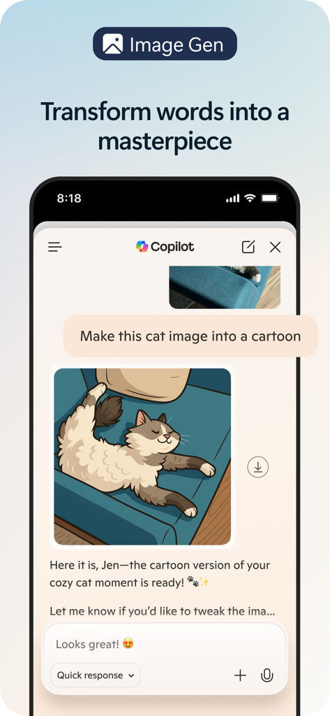 Microsoft Edge Copilot generating a cartoon version of a cat image from a text prompt.