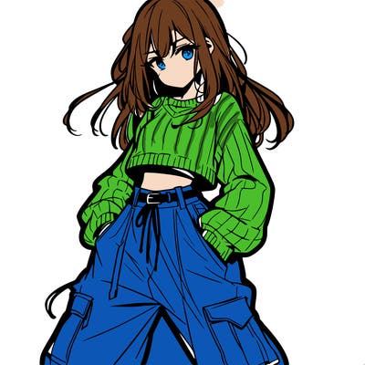 anime teen girl with baggy pants and crop top with sweater