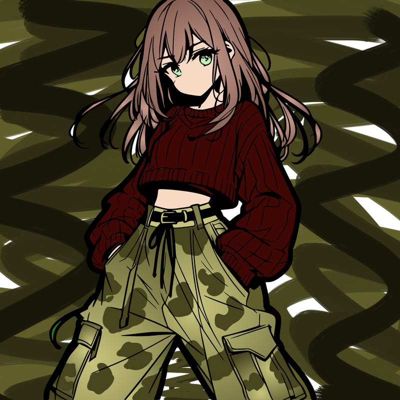 anime teen girl with baggy pants and crop top with sweater