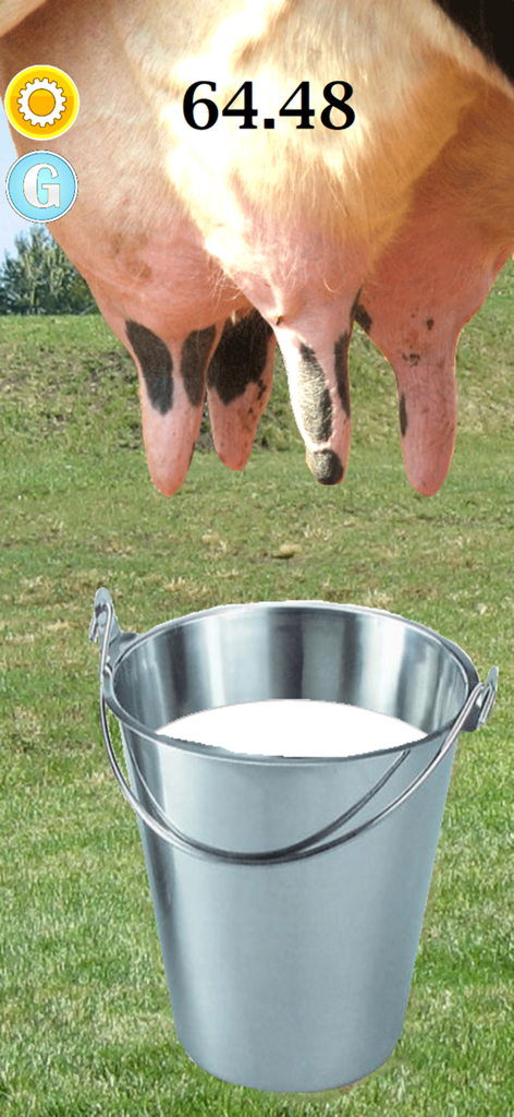 Farm Milk The Cow - Gameplay screen of Farm Milk The Cow showing cow udders and a metal bucket being filled with milk in a field.