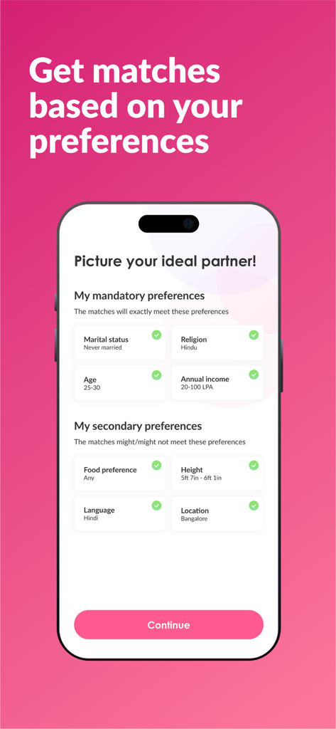Betterhalf: Matrimony App - Betterhalf app interface showing mandatory and secondary partner preferences like religion age and location for matrimony matching