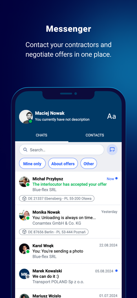 Loads2GO - Loads2GO app messenger interface showing a list of chats with contractors for negotiating freight offers