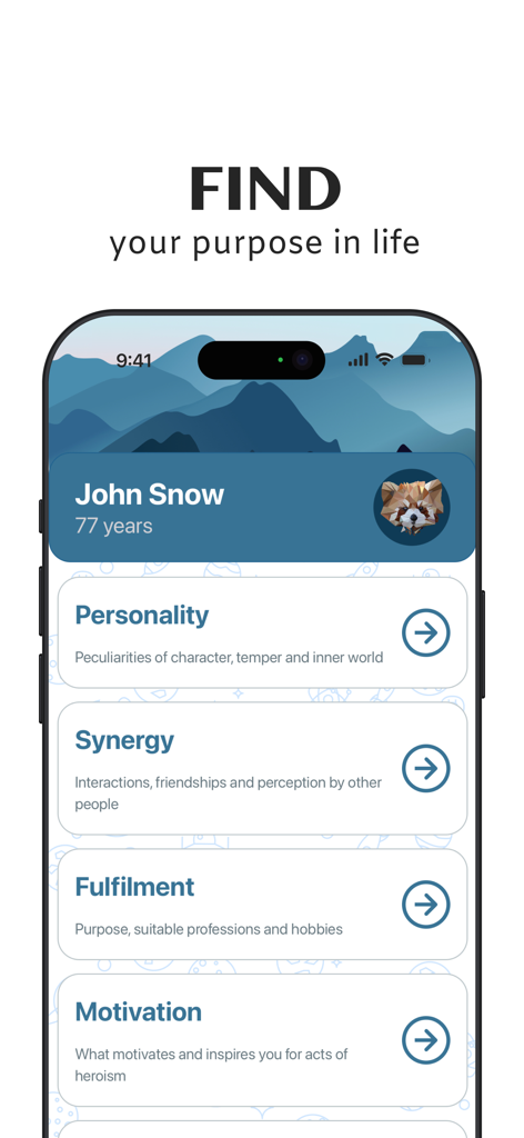 Screenshot of the Astrology and Human Design app showing a user profile and options for Personality Synergy Fulfilment and Motivation under the headline Find your purpose in life