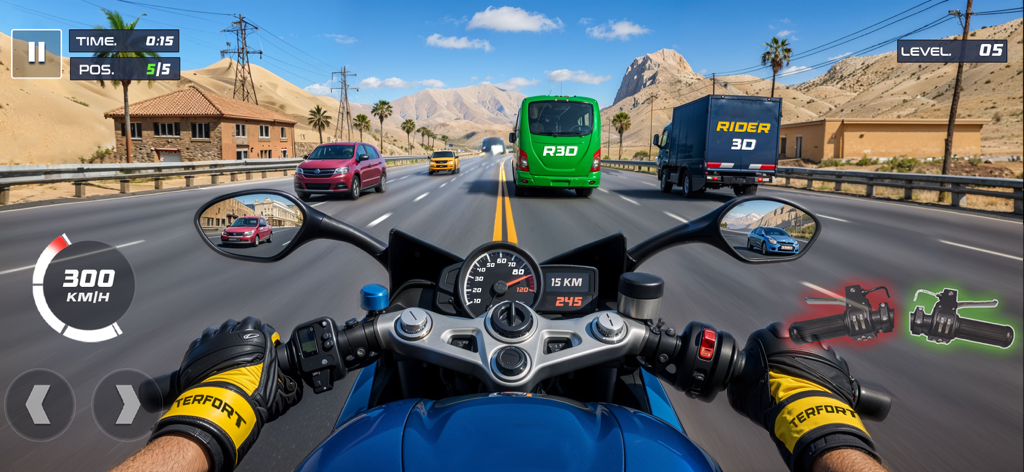 Rider 3D Racing Bike Games - First person view of a high speed motorcycle racing on a highway in Rider 3D