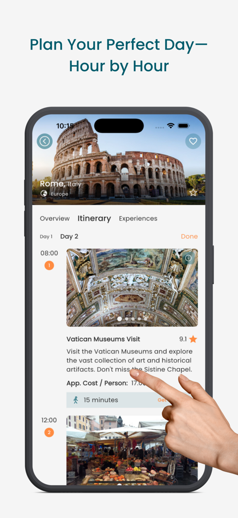 TourAI - AI Travel Planner - Ein mobiler Bildschirm, der eine detaillierte stündliche Reiseroute für Rom in der TourAI-App zeigt