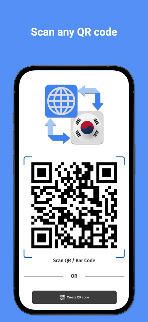Korean Translator Pro + - A mobile app screen for scanning QR codes and bar codes within the Korean Translator Pro app