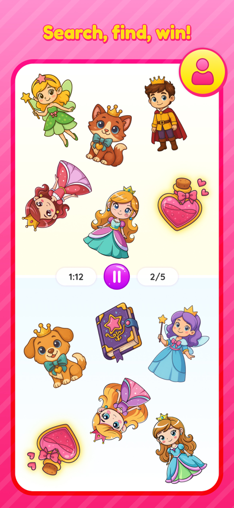 Princesses brain game match - Pantalla de juego que muestra iconos coincidentes de princesas y objetos mágicos en un juego de puzles para niños