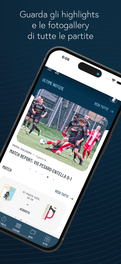 Virtus Entella App-Bildschirm mit den neuesten Nachrichten, Spielberichten und bevorstehenden Spielinformationen