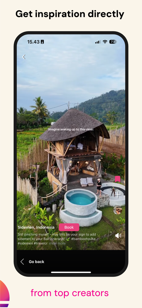 Mobile app interface for Yaay showing travel inspiration from social media creators