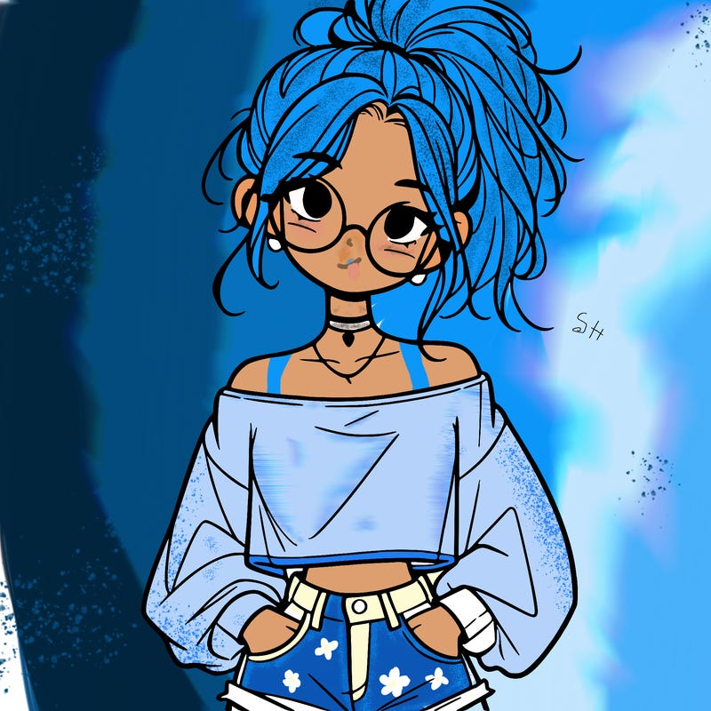 girl with a messy ponytail glasses a baggy crop top and jean shorts