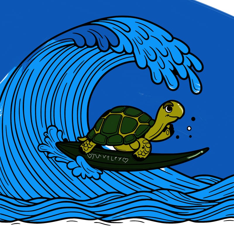 a tortoise surfing on a giant wave