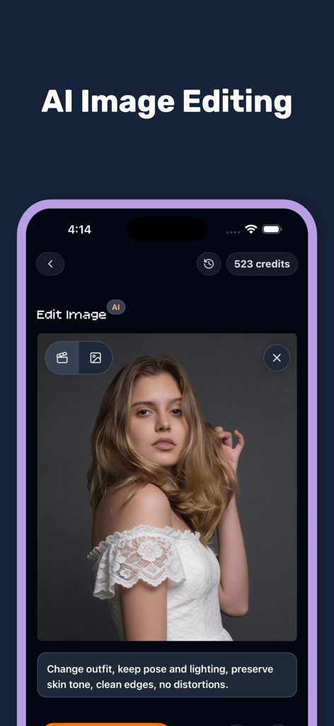Mobile app interface for AI image editing with a text prompt to change outfits.