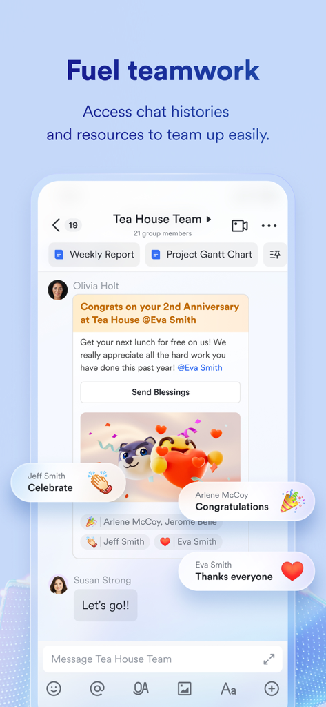 Lark team chat interface showing integrated reports and collaborative messages