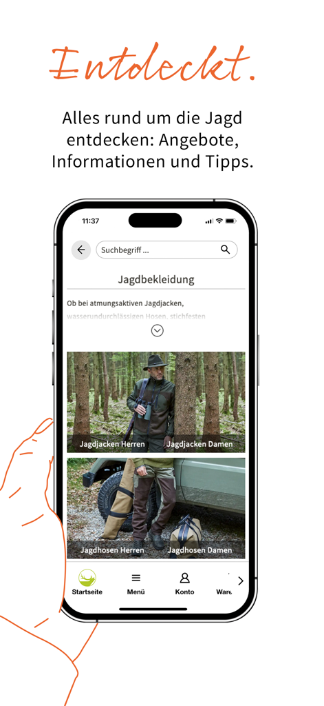 Screenshot der Frankonia-App mit den Kategorien Jagdjacken und -hosen