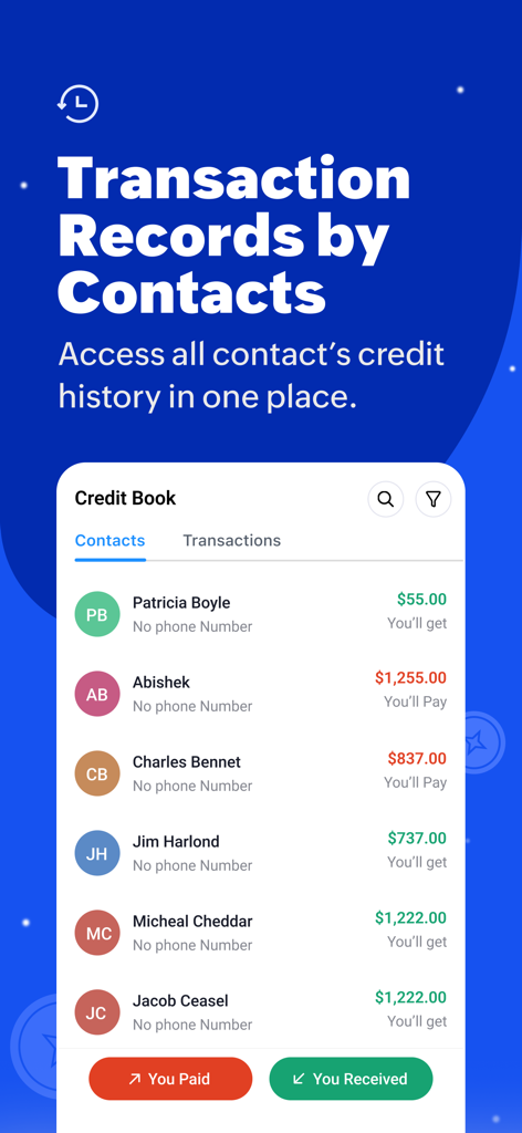 Zoho Daybook - Ledger Book - Captura de tela do aplicativo Zoho Daybook mostrando o histórico de crédito e débito por contato