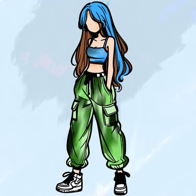 girl in baggy pants crop top and long hair